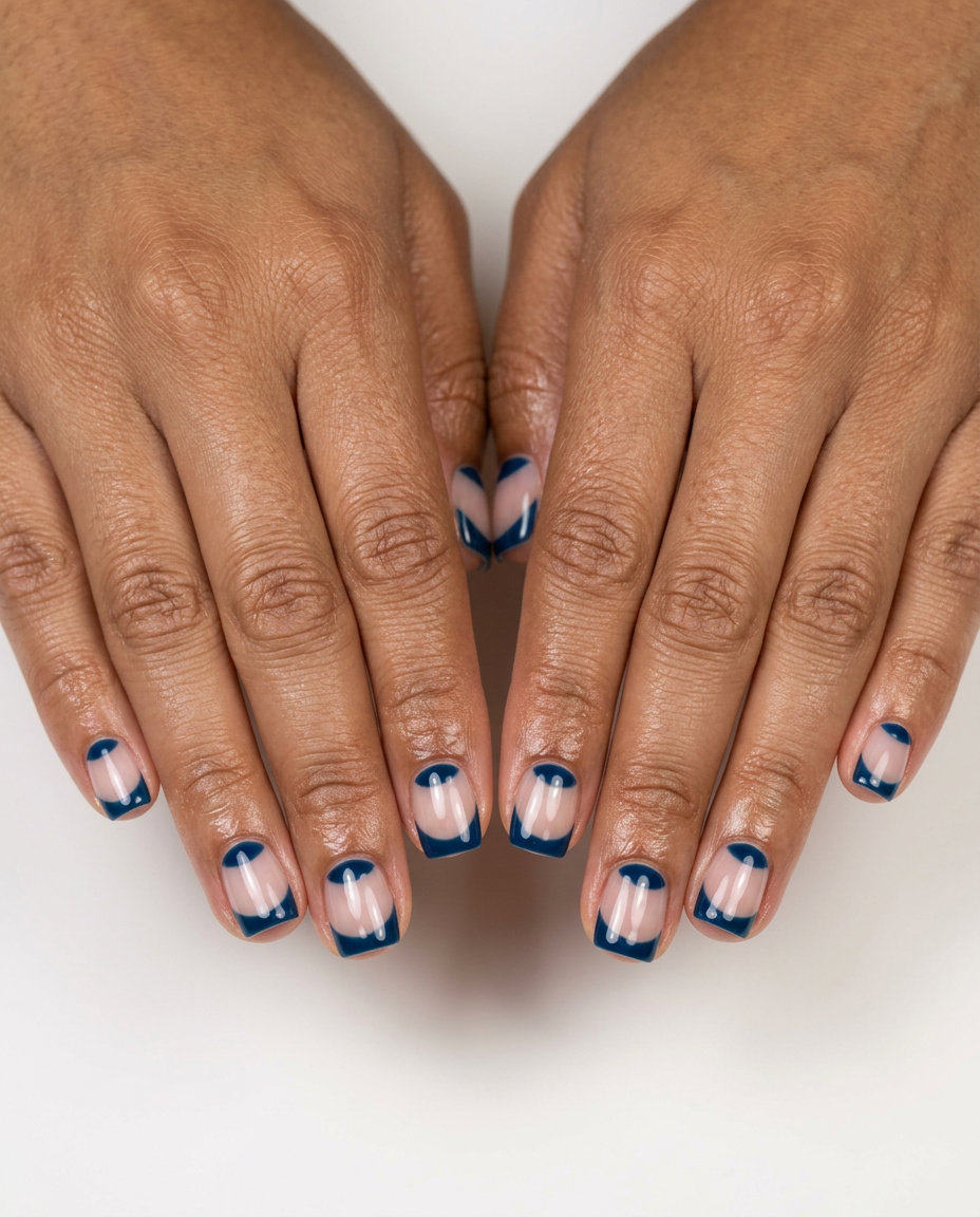 Sapphire Half Moon vacation nails summer 2026. Modern chic resort & evening style.