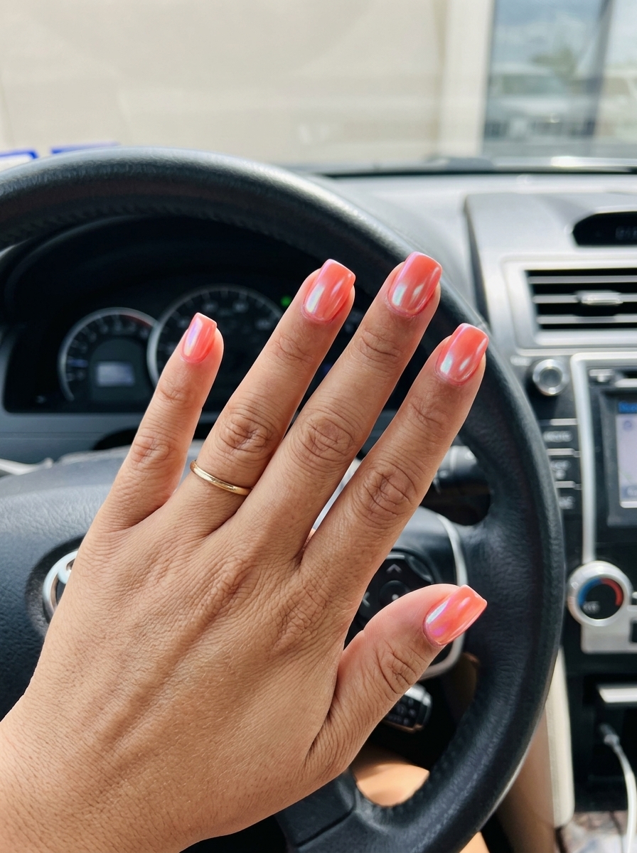 Sunset Coral Glaze Squares: Playful vacation nails summer 2026 with vibrant coral and iridescent pearl shimmer.
