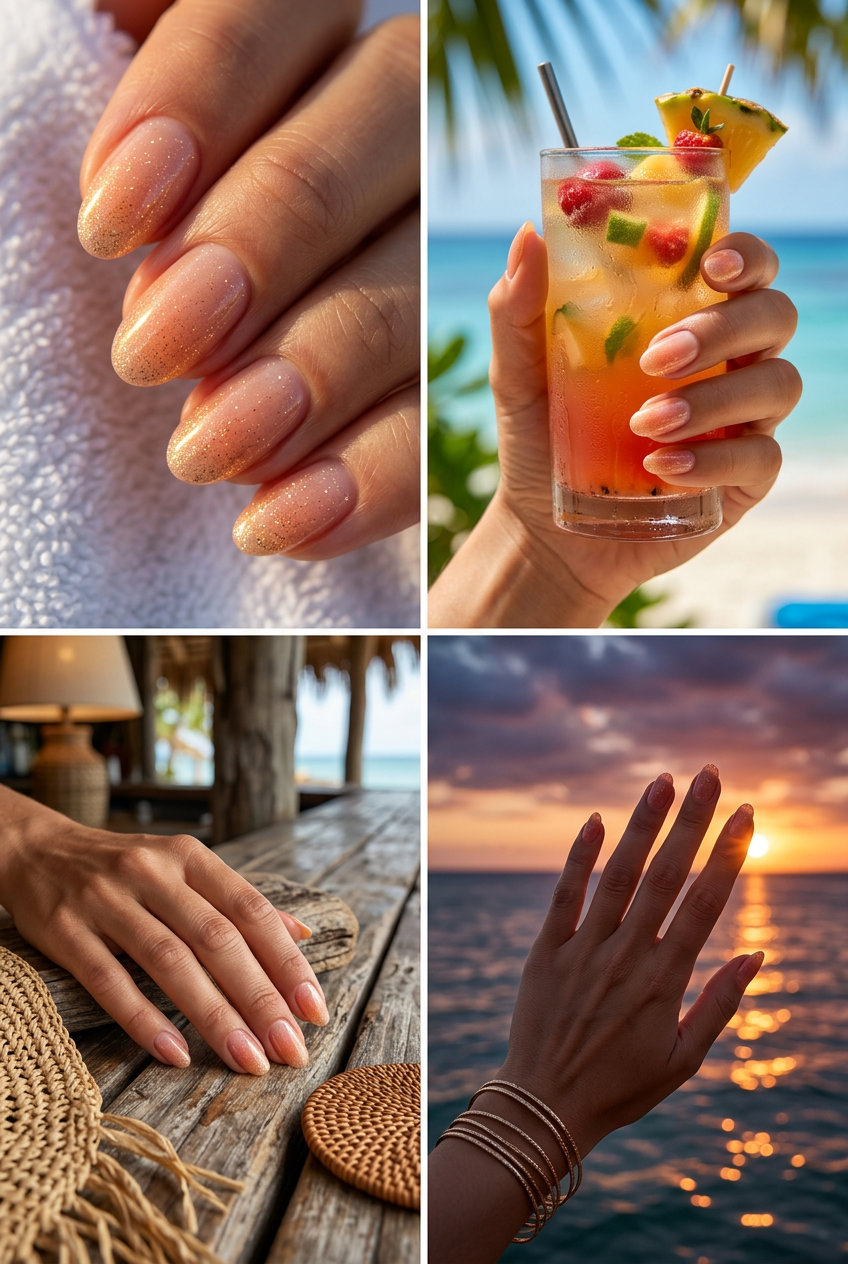 Sunset Glow Glitter Vacation: Romantic vacation nails summer 2026 with sheer peach and gold glitter gradient.