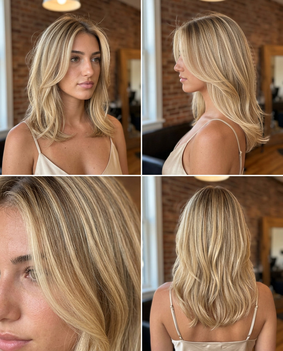 below-collarbone cut with warm vanilla blonde balayage, face-framing layers and soft U-shape back for glamorous waves