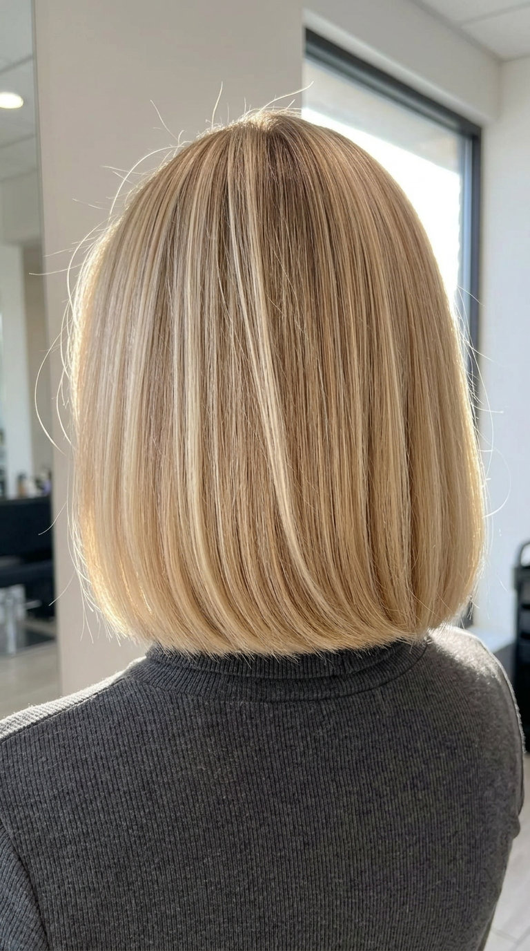 below-chin vanilla blonde bob with soft gold, Scandi-hairline, no fringe — effortless chic
