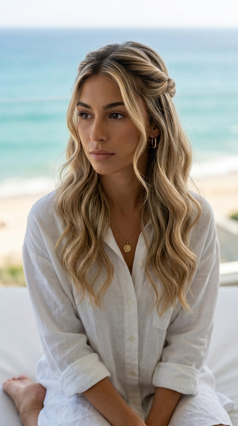 medium vanilla blonde twisted half-up with soft volume and face-framing pieces for summer