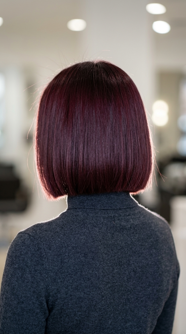 chin-length bob haircut in velvet merlot burgundy with a blunt cut, no bangs — sophisticated modern