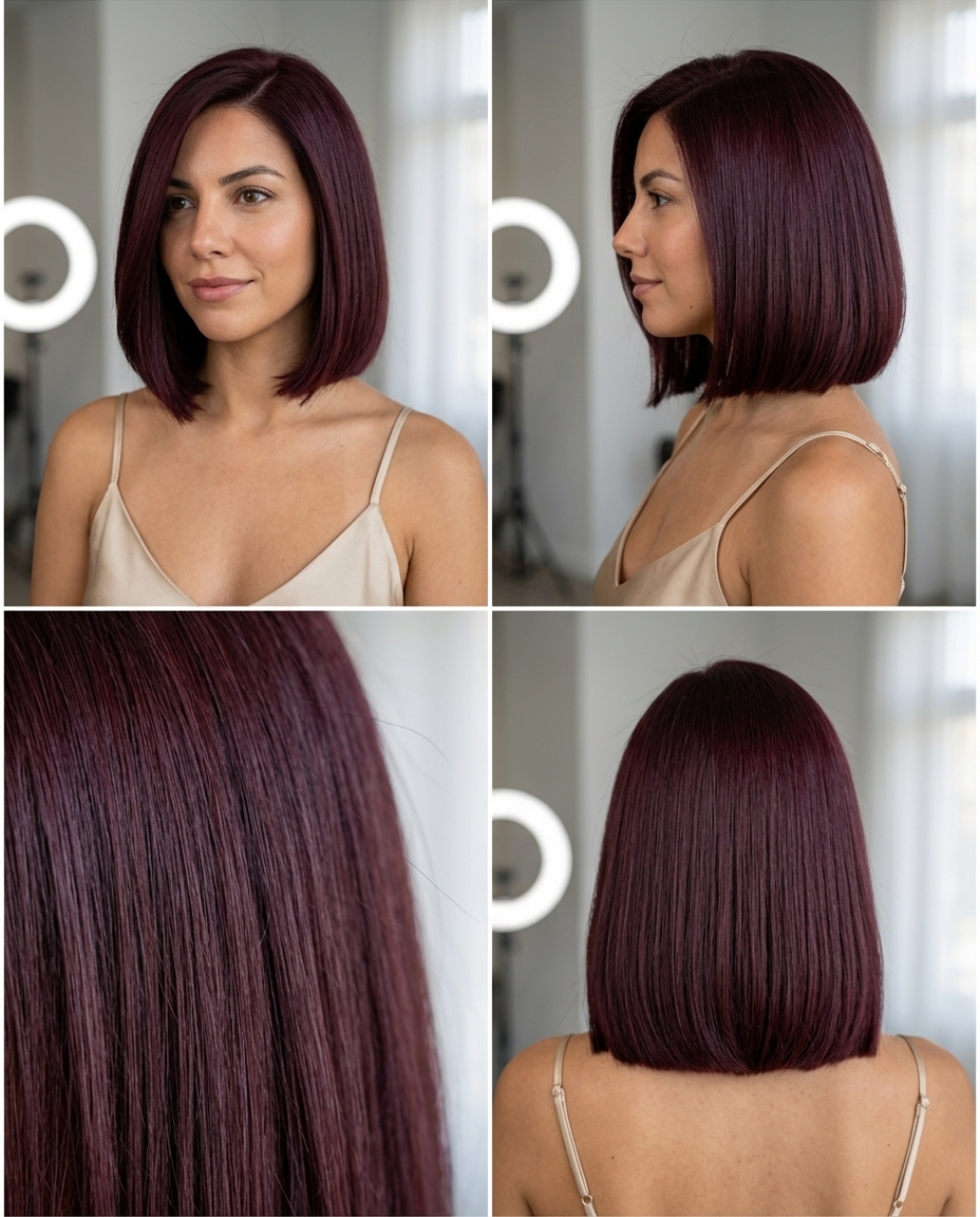 chin-length blunt bob in velvet merlot burgundy with cool violet undertones and side part — sophisticated office chic