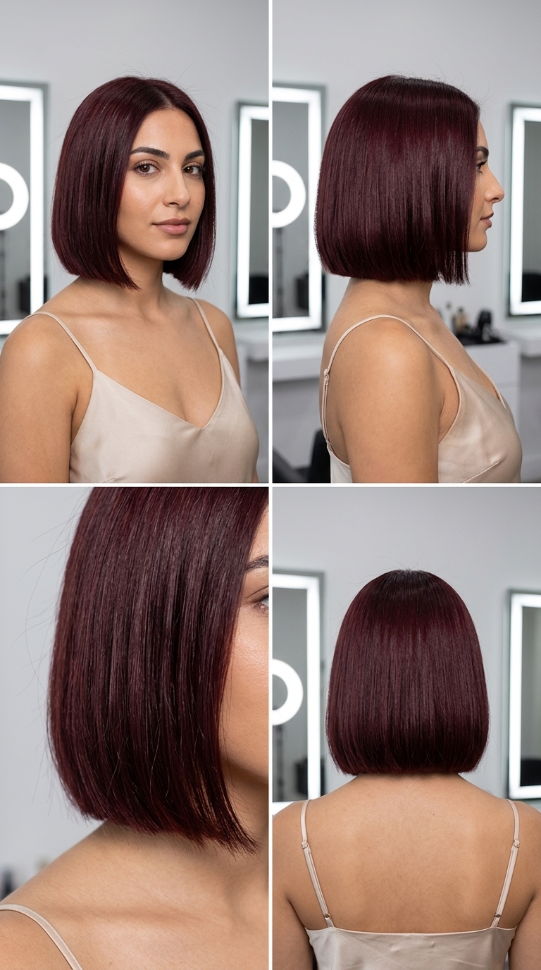 chin-length precision bob in velvet merlot burgundy with high-gloss finish and center part — professional classic look