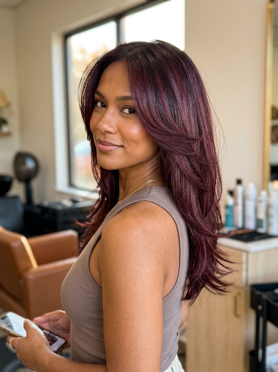 long butterfly haircut in velvet merlot burgundy with black cherry glaze, textured layers, swept curtain bangs — romantic volume