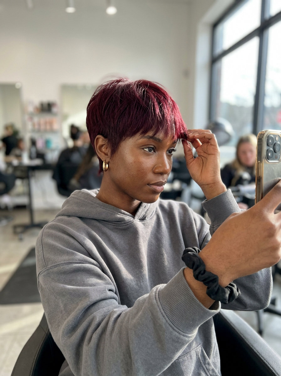 short textured crop haircut in velvet merlot burgundy with wispy micro-bangs for bold looks