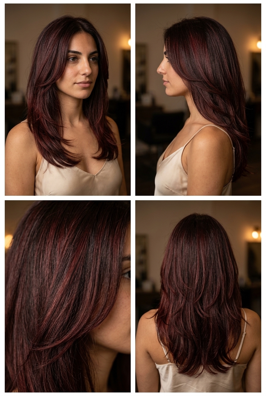 long cascading haircut in vintage mahogany burgundy with ruby ribbon babylights and face-framing layers for summer weddings
