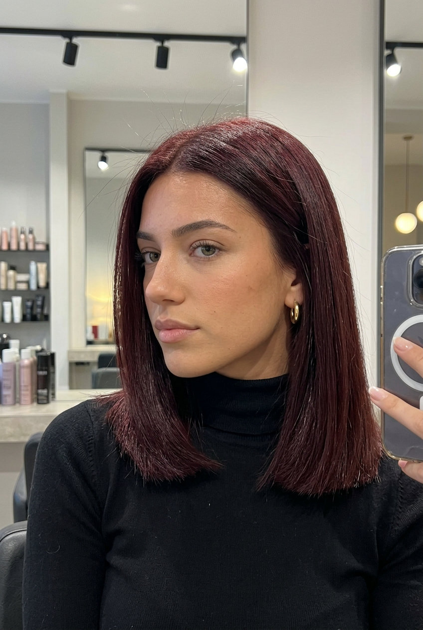 shoulder-length blunt cut in vintage mahogany burgundy with deep brown undertones for everyday chic