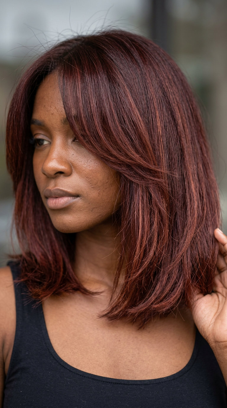 shoulder-length lob in vintage mahogany burgundy with copper-burgundy highlights, soft layers and curtain bangs — cool girl casual