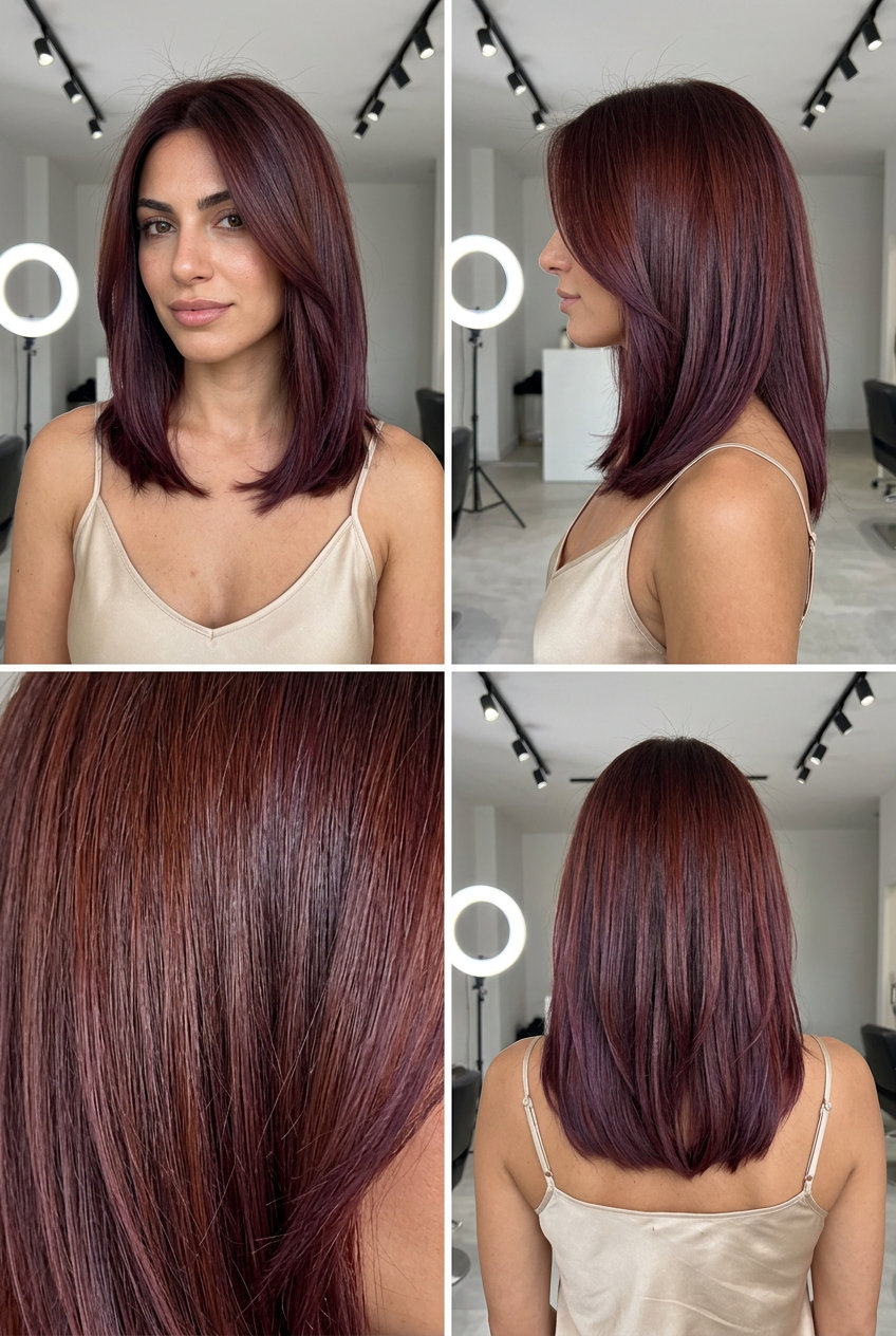 long violet auburn melt with cool brown undertones and high gloss for formal event