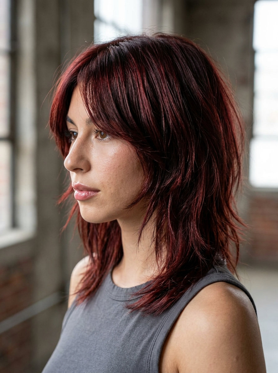 collarbone-length kitty cut with violet-red balayage and choppy layers for summer