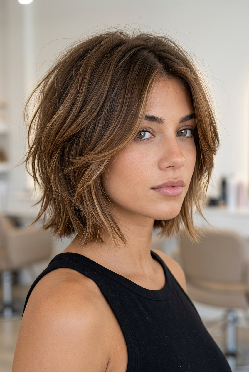 short shag warm medium brunette with caramel babylights for edgy look