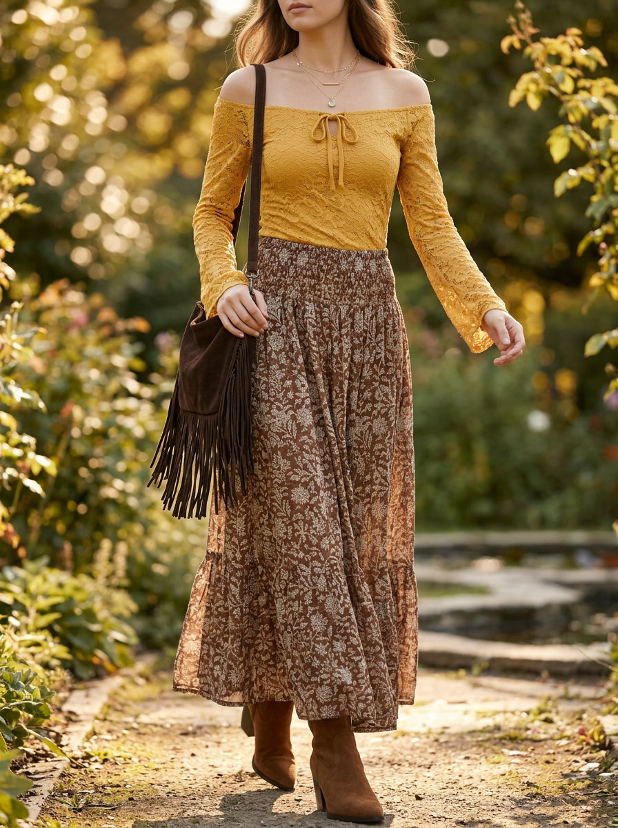 What to Wear with Bow Top Summer 2026: Mustard yellow boho bow top with maxi skirt for festivals.