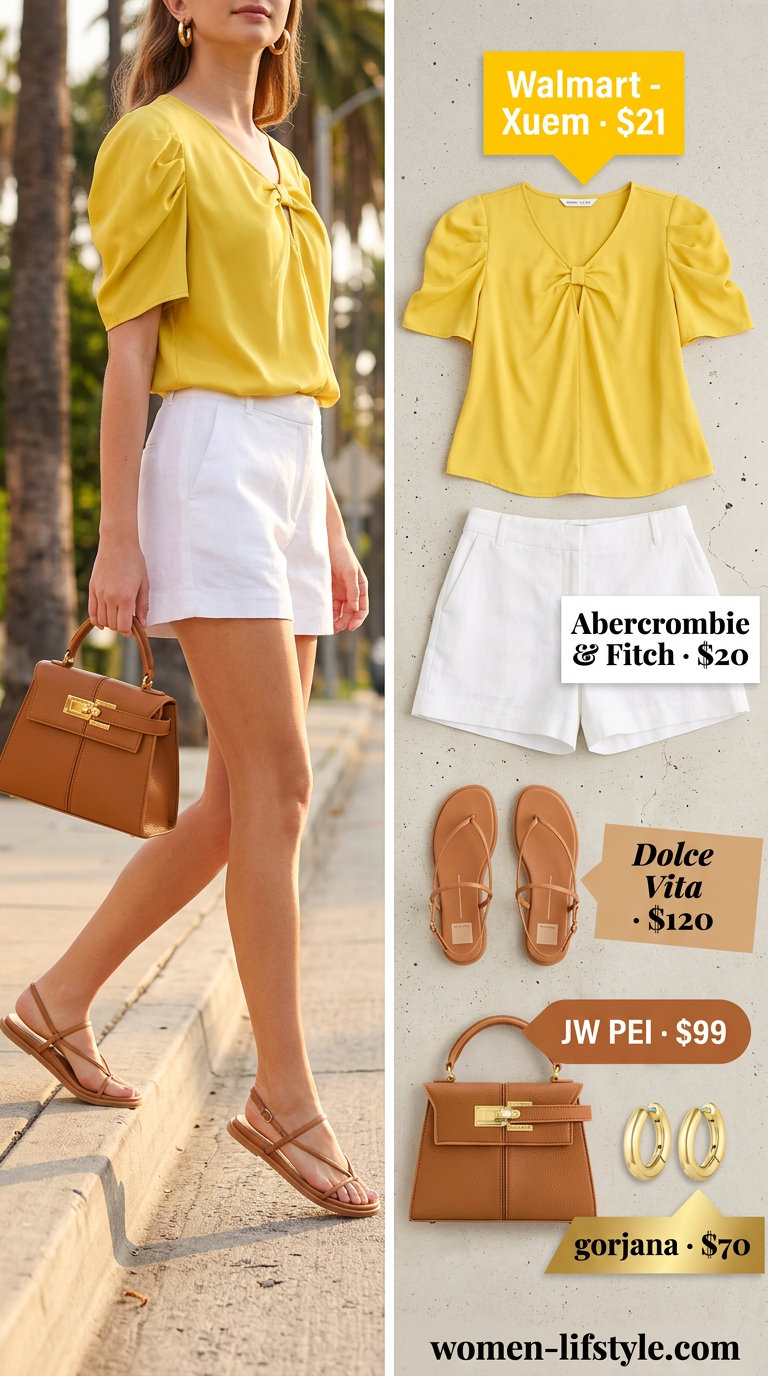 What to Wear with Bow Top Summer 2026: Lemon yellow bow top, white shorts, tan sandals for brunch.