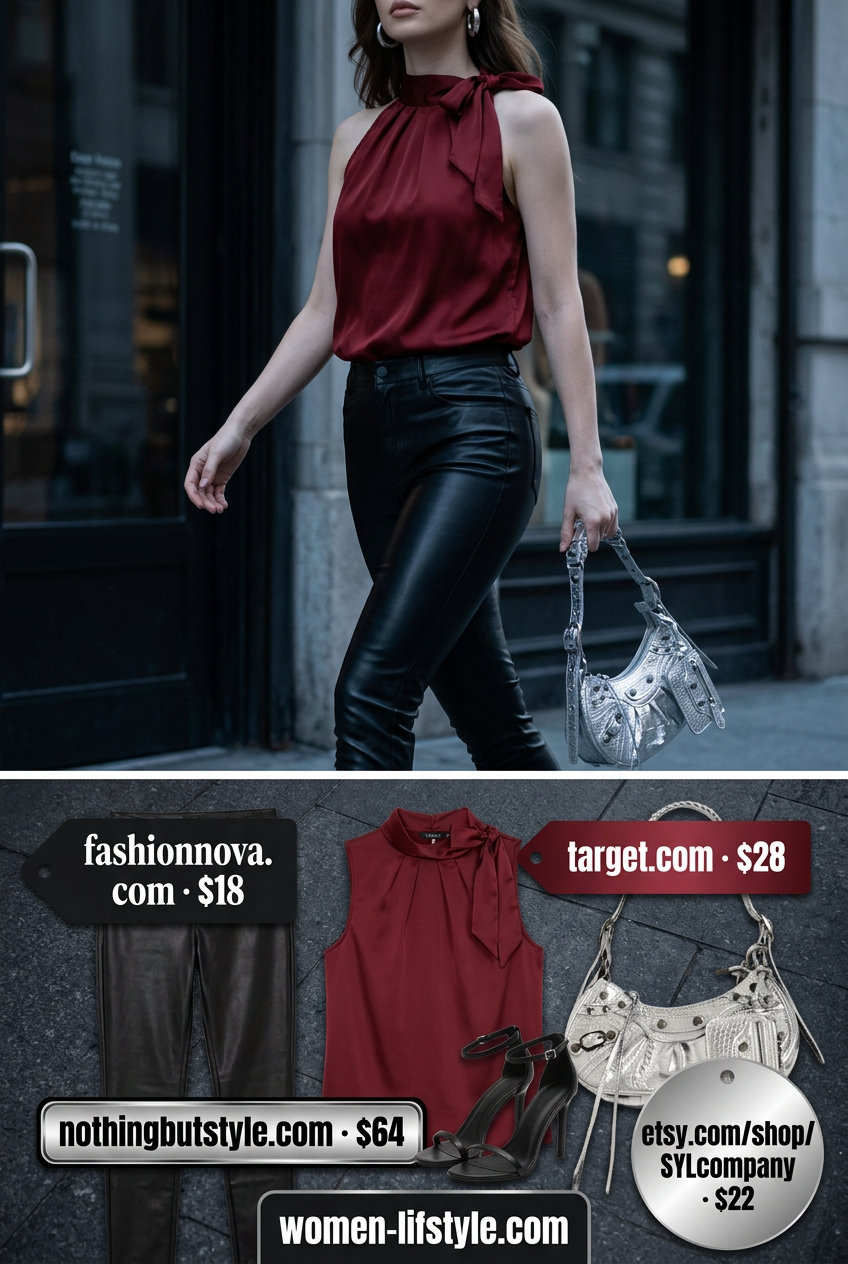 Edgy evening outfit with deep red satin bow top, black faux leather pants, and ankle boots. What to Wear with Bow Top Summer 2026.