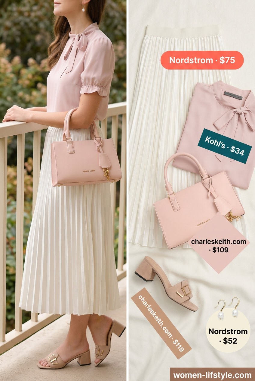 What to Wear with Bow Top Summer 2026: Blush pink bow top, ivory midi skirt, and mules for garden party.