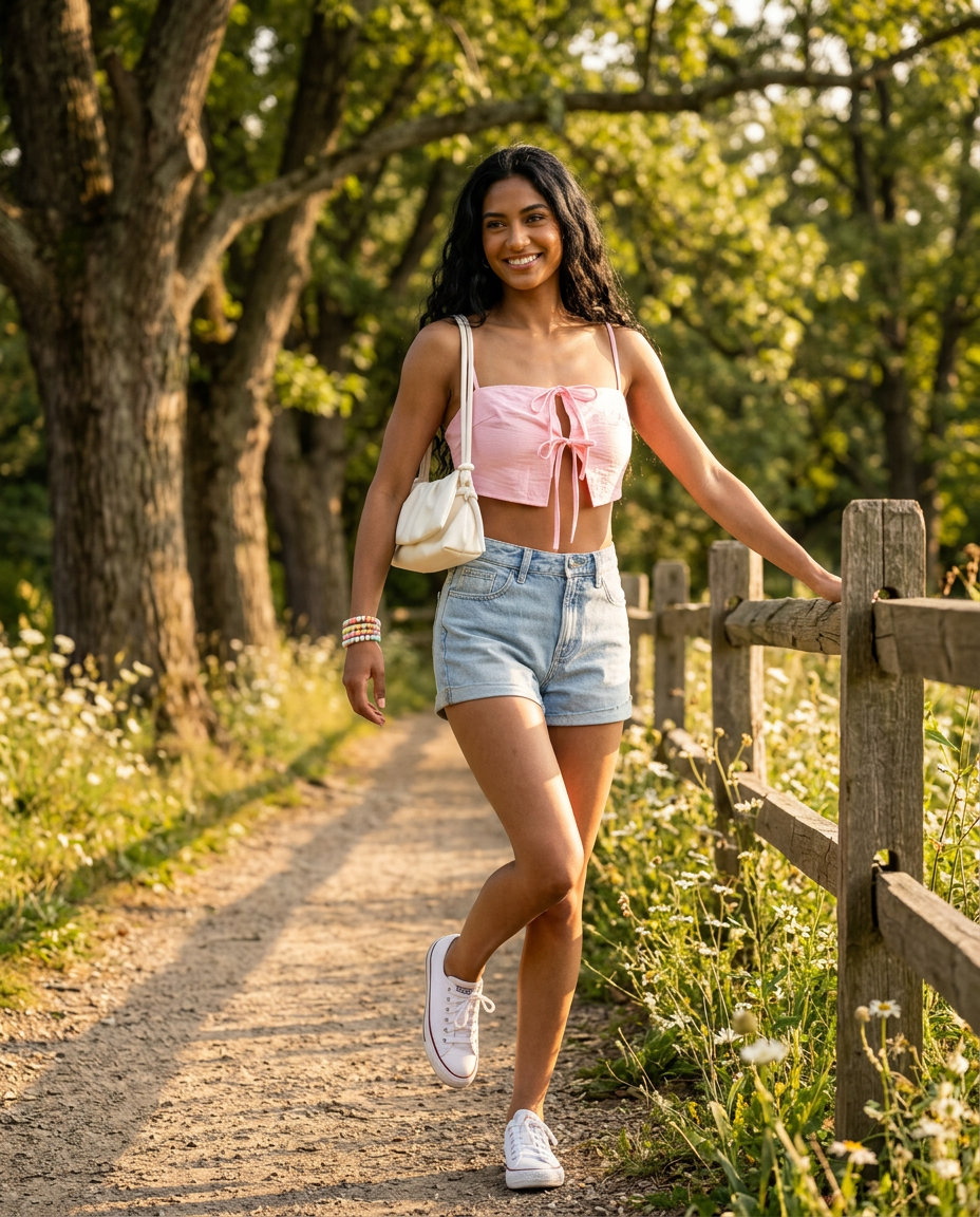 What to Wear with Bow Top Summer 2026: Coral bow camisole, denim shorts, and sneakers for a playful picnic.