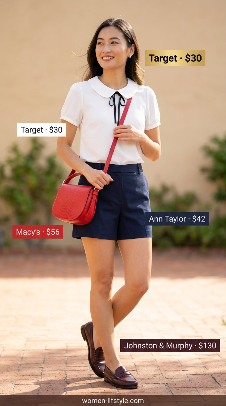 Preppy picnic outfit with navy chino shorts, white bow-tie blouse, and penny loafers. What to Wear with Bow Top Summer 2026.