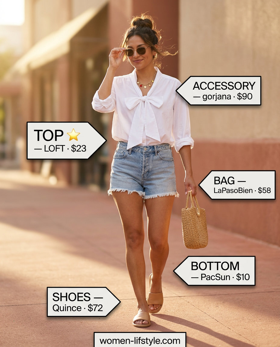 What to Wear with Bow Top Summer 2026: White bow shirt, denim shorts, and straw bag for a sunny day.