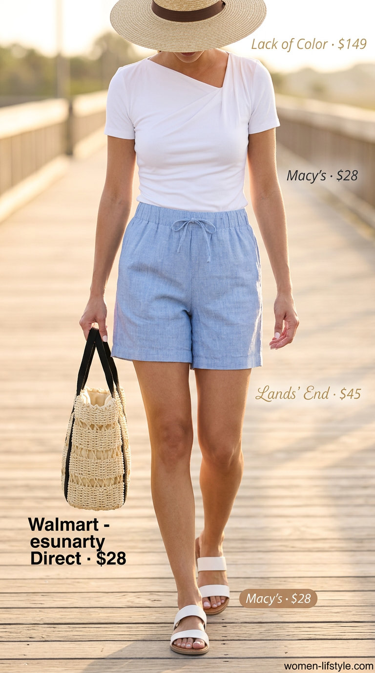 What to Wear with Bow Top Summer 2026: Pastel blue linen set, straw hat, and slides for vacation.