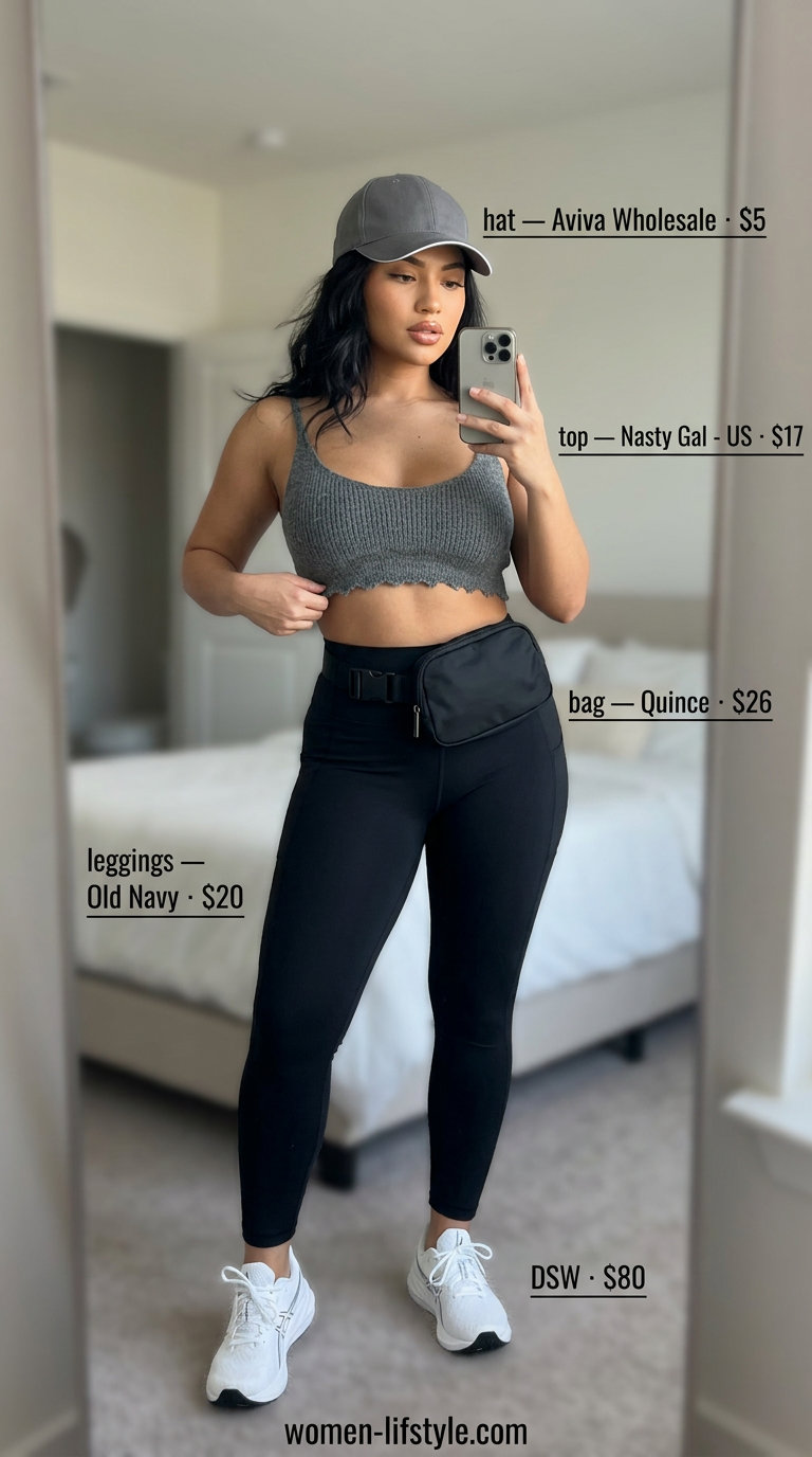 Athleisure outfit: Charcoal bustier top with leggings, baseball cap & sneakers. What to Wear with Bustier Top Summer 2026.
