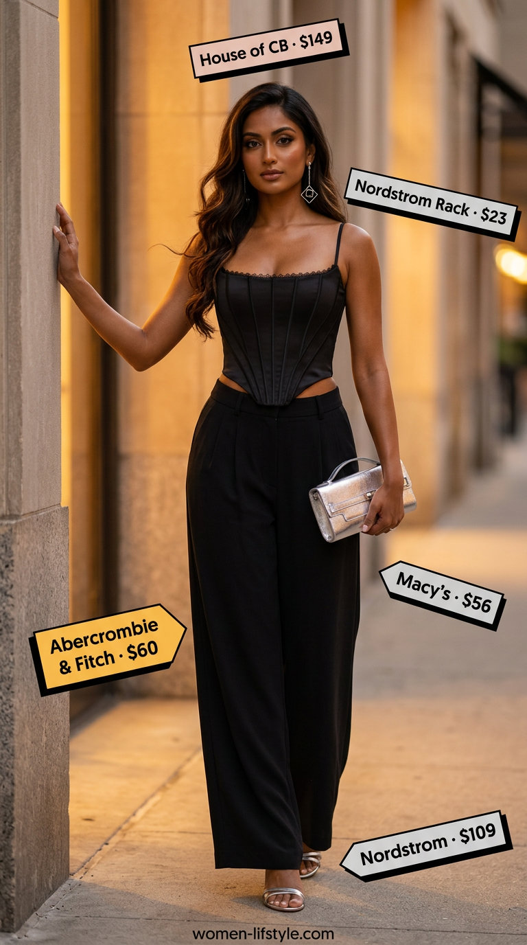 Sophisticated evening outfit: black bustier top, wide-leg trousers, silver heels, metallic clutch. What to wear with bustier top summer 2026.