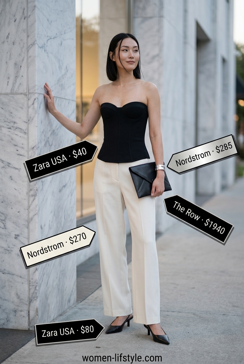 Art gallery outfit: black bustier top, white trousers, black heels, silver bracelet. What to wear with bustier top summer 2026.