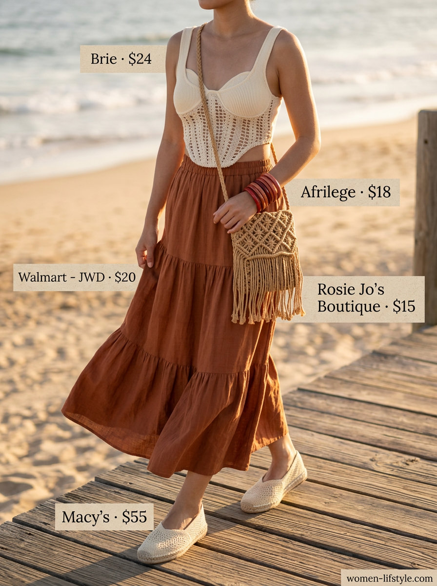 Boho beach outfit: cream crochet bustier top, terracotta maxi skirt, espadrilles, fringe bag. What to wear with bustier top summer 2026.