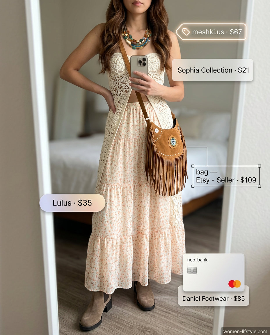 Boho festival outfit: Cream crochet bustier top with earthy floral maxi skirt, suede boots & fringe bag. What to Wear with Bustier Top Summer 2026.