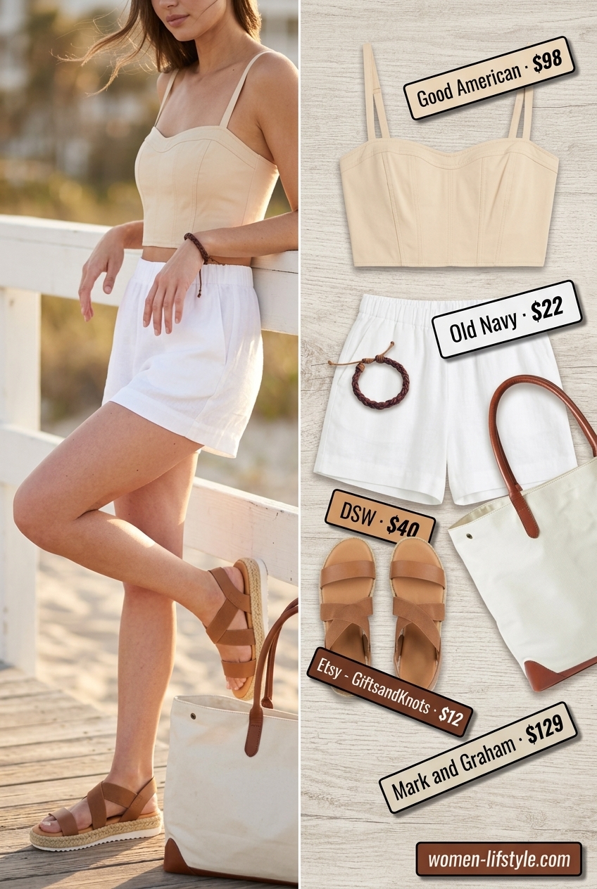Casual summer outfit: beige knit bustier top with white linen shorts and brown espadrilles. What to wear with bustier top summer 2026.