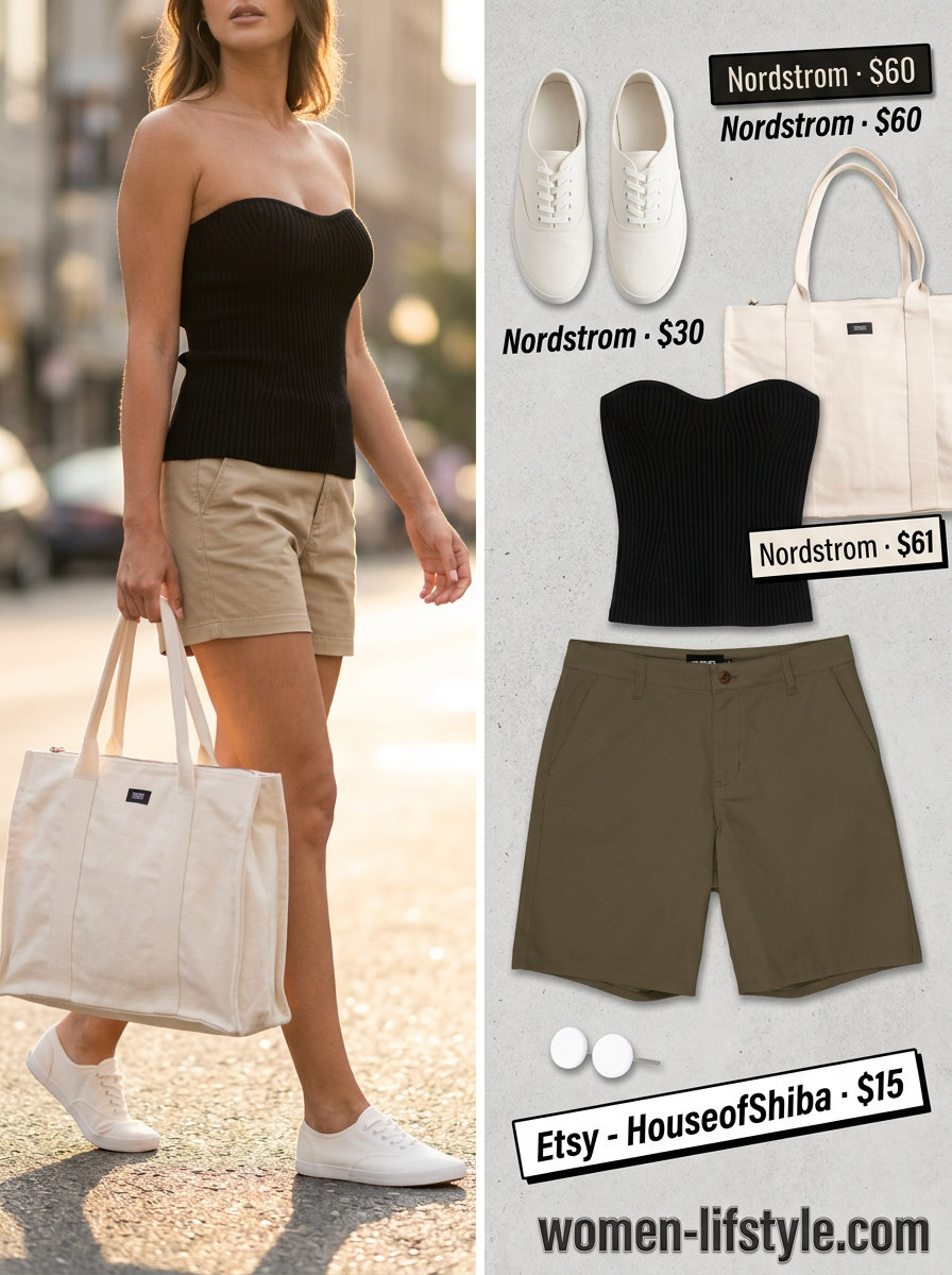 Casual everyday outfit: Black bustier top with khaki shorts, white sneakers & canvas tote. What to Wear with Bustier Top Summer 2026.