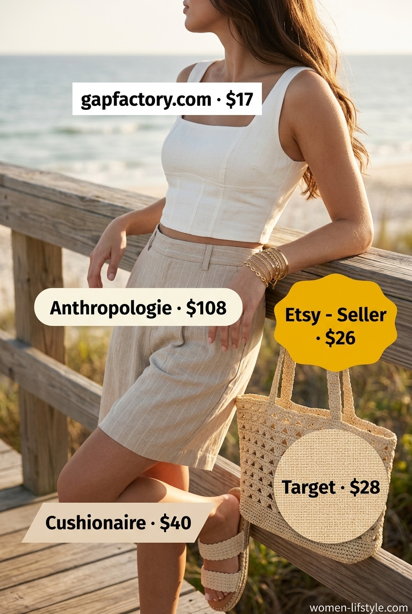 Coastal chic outfit: white linen bustier top with beige flowy shorts, straw tote, and espadrilles. What to wear with bustier top summer 2026.