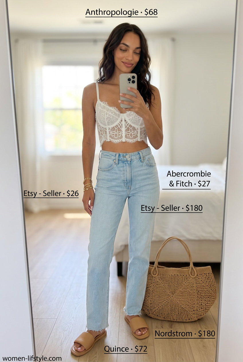 Coastal outfit: White lace bustier top with light wash jeans, straw bag & slides. What to Wear with Bustier Top Summer 2026.