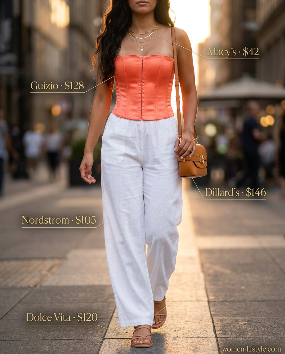 Dinner date outfit: coral strapless bustier top, white linen pants, tan crossbody bag, gold jewelry. What to wear with bustier top summer 2026.