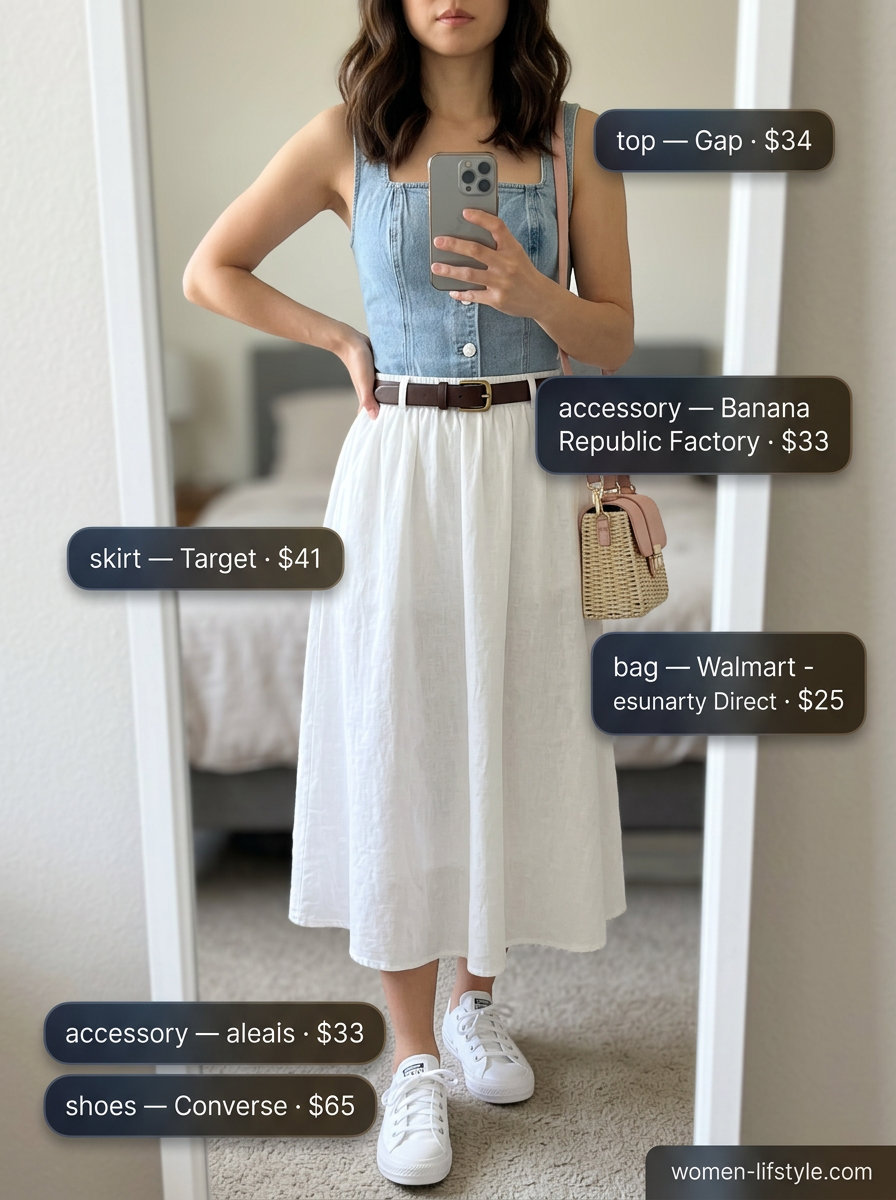 Casual summer outfit: Denim bustier top with high-waisted midi skirt, sneakers & straw bag. What to Wear with Bustier Top Summer 2026.