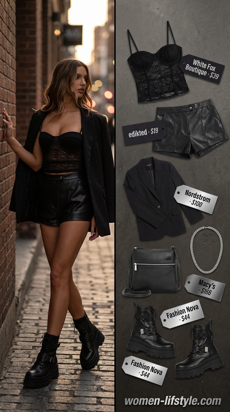 Edgy night out outfit: Black lace bustier with faux leather shorts, blazer & boots. What to Wear with Bustier Top Summer 2026.