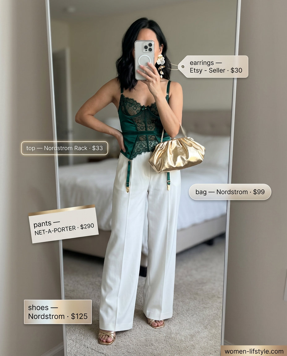 Formal event outfit: Emerald green satin bustier top with wide-leg trousers & gold heels. What to Wear with Bustier Top Summer 2026.
