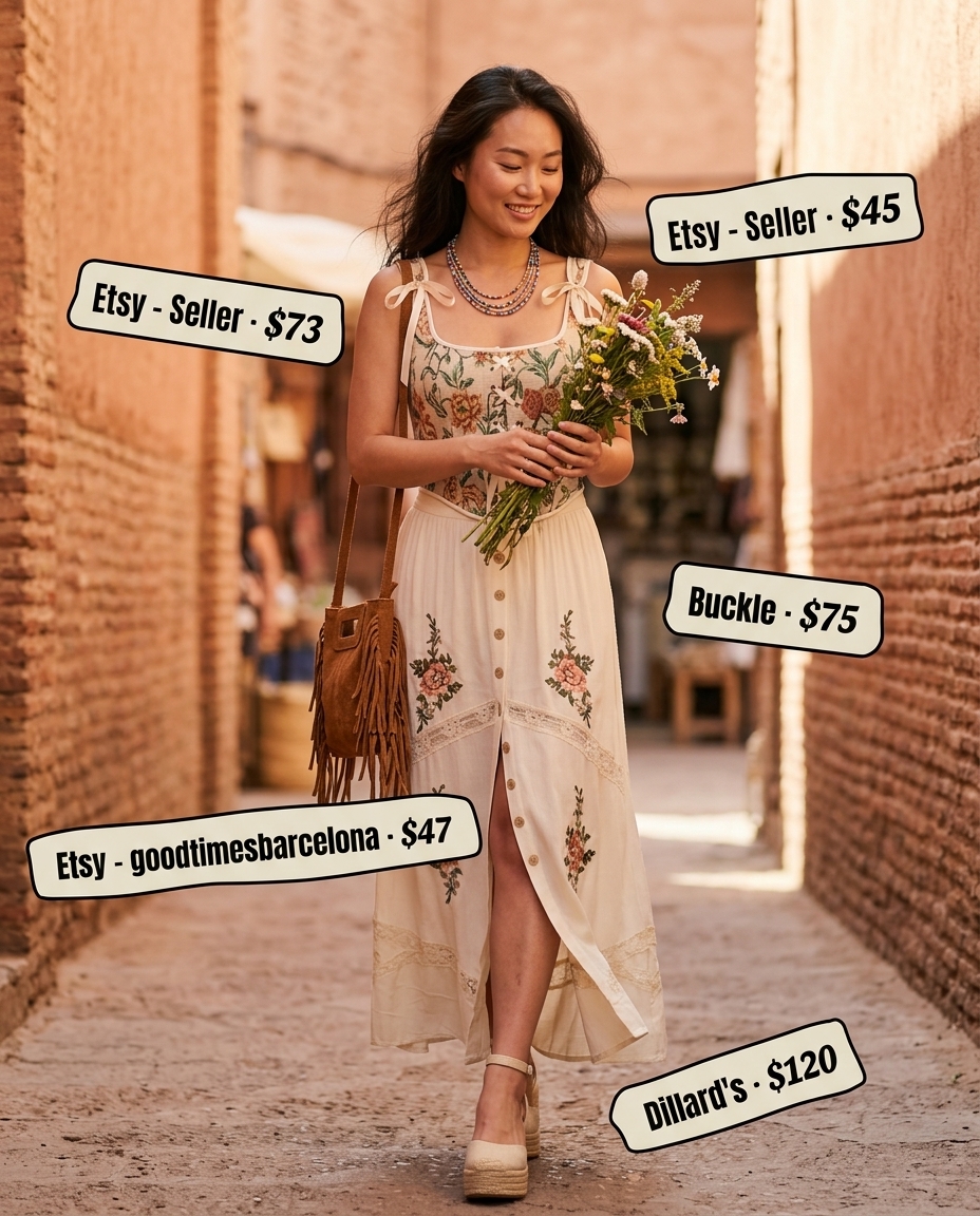 Boho festival outfit: floral print bustier top, tiered maxi skirt, wedge espadrilles, fringe bag. What to wear with bustier top summer 2026.