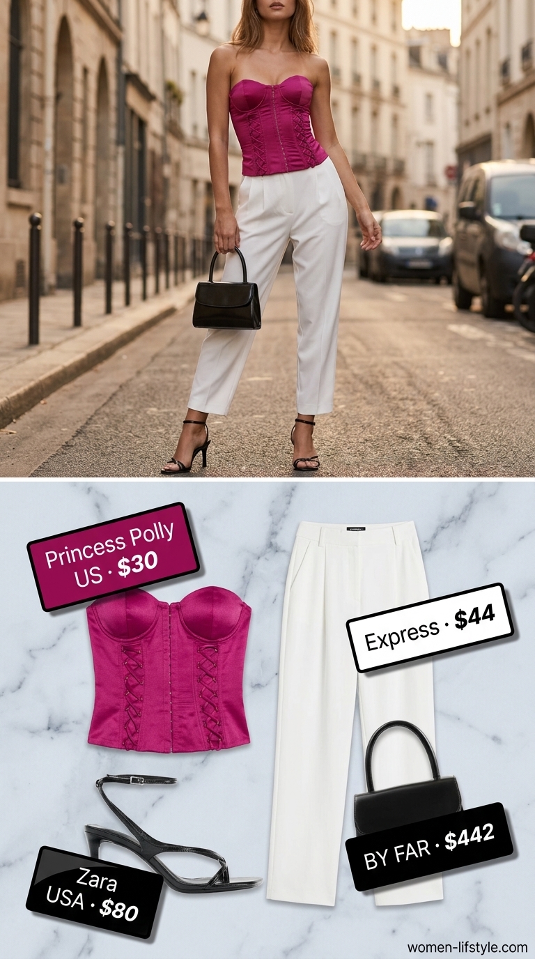 Bold night out outfit: fuchsia bustier top, white wide-leg trousers, gold earrings, black bag. What to wear with bustier top summer 2026.