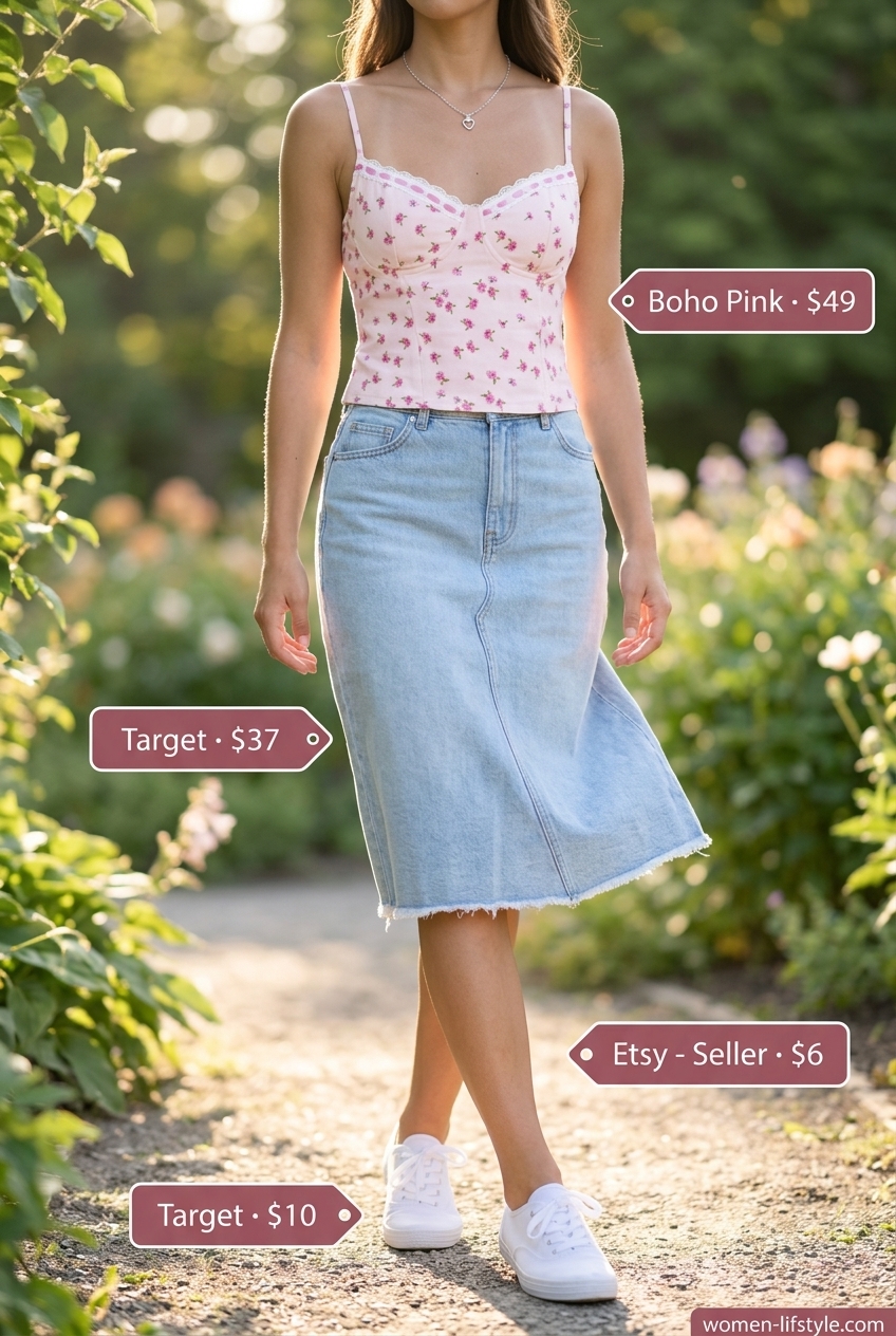 Garden party outfit: pink floral bustier top with a denim midi skirt, white sneakers, and a canvas tote. What to wear with bustier top summer 2026.