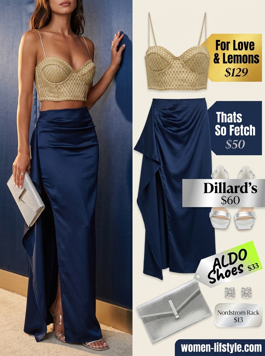 Glamorous evening outfit: gold sequin bustier top, navy maxi skirt, silver heels, silver clutch. What to wear with bustier top summer 2026.