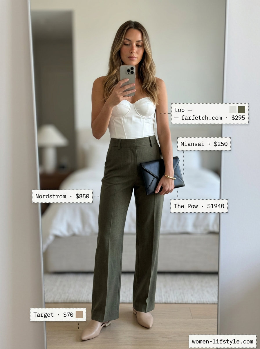 Minimalist outfit: White satin bustier top with olive green trousers & mules. What to Wear with Bustier Top Summer 2026.