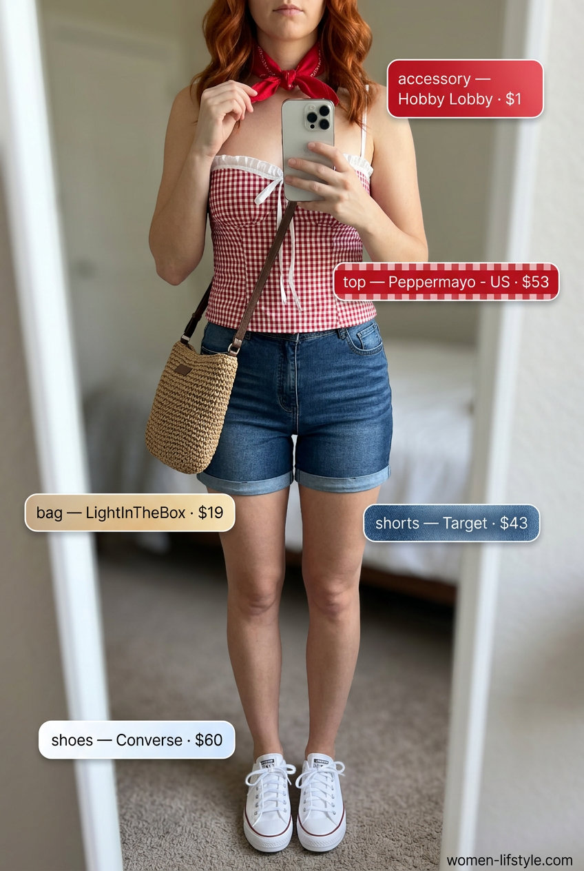 Playful picnic outfit: red and white gingham bustier top with denim shorts, canvas sneakers, and bandana. What to wear with bustier top summer 2026.