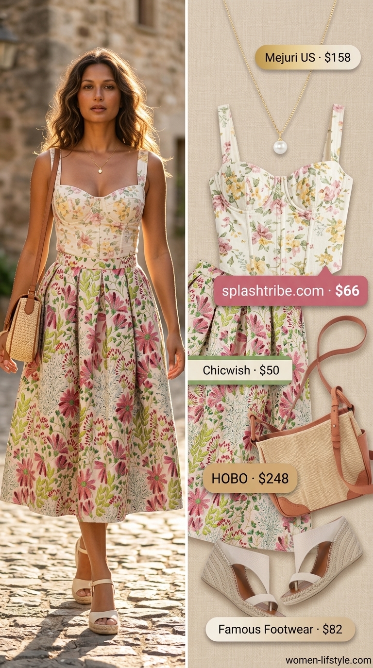 Romantic summer garden party outfit: floral print bustier top with matching midi skirt, block heel espadrilles. What to wear with bustier top summer 2026.