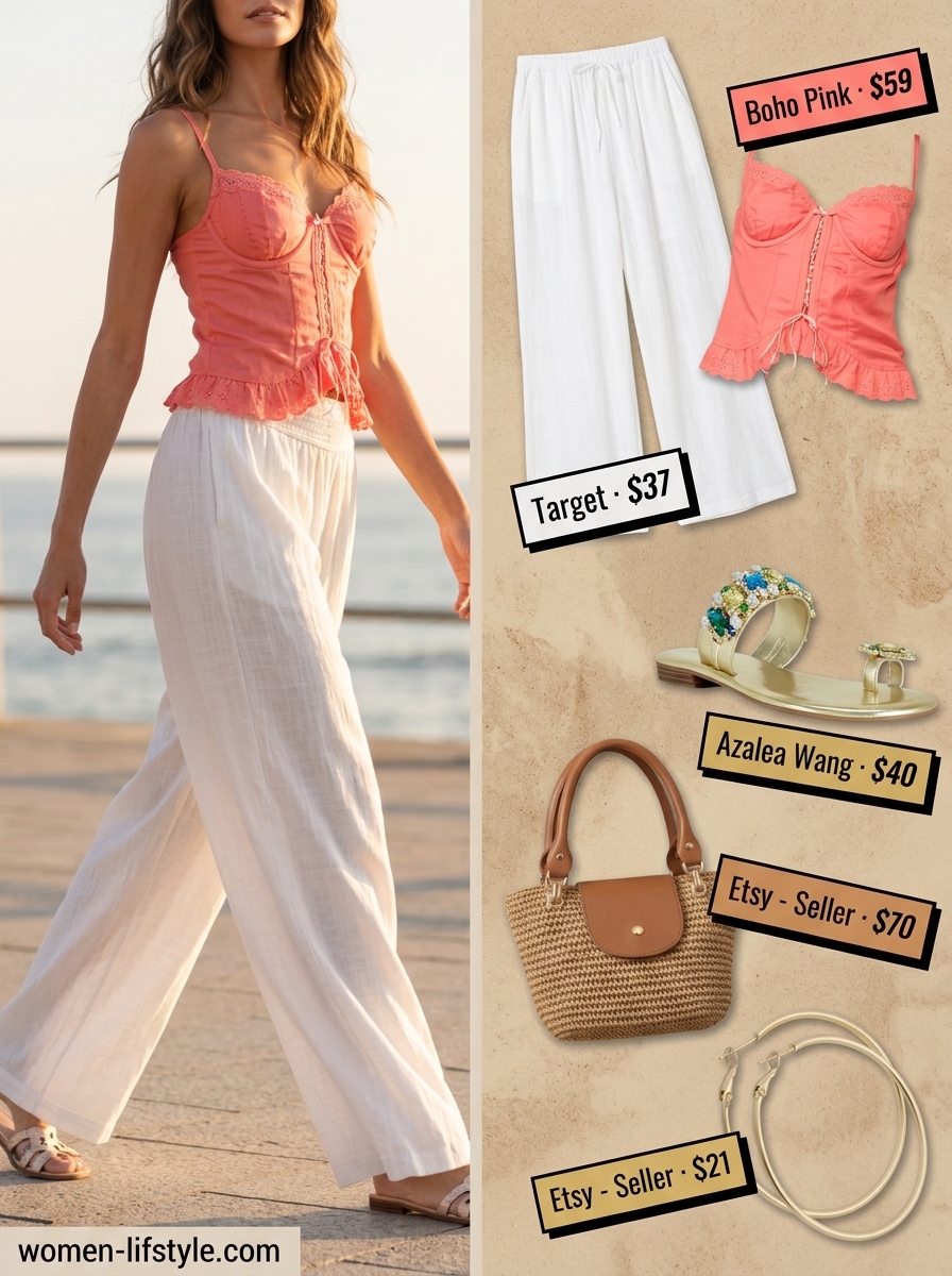 Resort dinner outfit: Coral bustier top with white palazzo pants, gold earrings & sandals. What to Wear with Bustier Top Summer 2026.