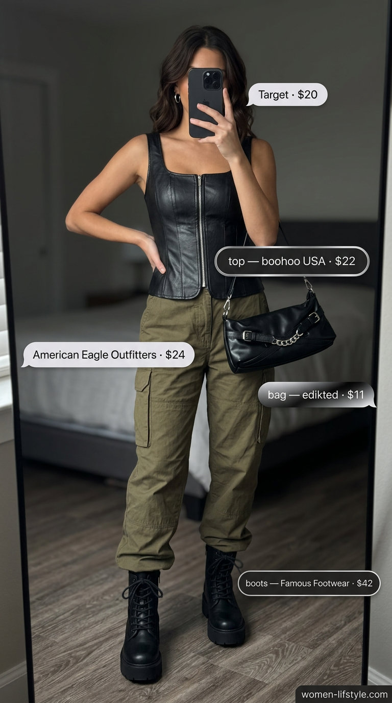 Edgy urban outfit: black faux leather bustier top with olive green cargo pants, combat boots, and silver hoops. What to wear with bustier top summer 2026.