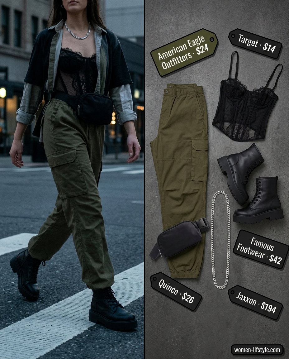 Edgy street style: black lace bustier top with olive green cargo pants, combat boots, and silver chain. What to wear with bustier top summer 2026.