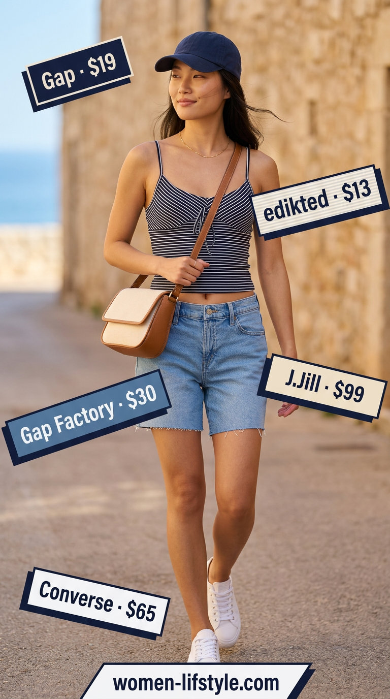 Weekend getaway outfit: striped knit bustier top with denim shorts, baseball cap, and crossbody bag. What to wear with bustier top summer 2026.