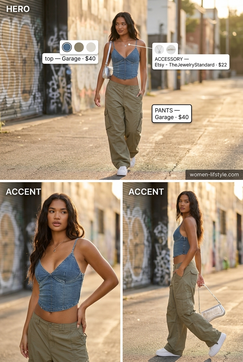 Y2K outfit: light wash denim bustier top, low-rise cargo pants, platform sneakers, butterfly necklace. What to wear with bustier top summer 2026.